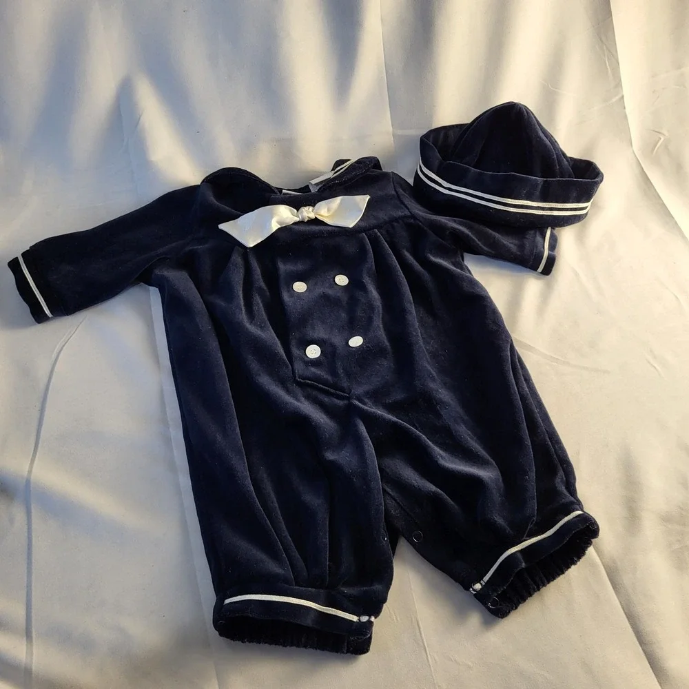 Vintage 3-6 Month Good Lad Sailor Navy Blue Velvet One Piece with Hat